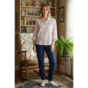 Tia Designs Blouse top Sz M Light Pink Pinstripe Button Front 3/4 fireflys bling